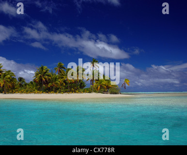 Cocotiers arbres et plage de sable blanc et bleu ciel, l'île Tapuaetai (un pied) de l'île, l'atoll de Aitutaki, Îles Cook, Pacifique Banque D'Images