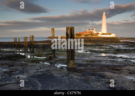 St Mary's phare sur l'île d'appâts, près de Whitley Bay, Tyne & Wear. Il est accessible par une chaussée qui est couverte à marée haute Banque D'Images