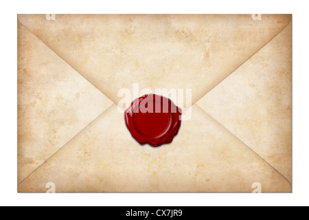 Grunge mail ou lettre enveloppe avec cachet de cire isolated on white Banque D'Images