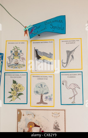 Symboles nationaux des Bahamas sur l'affichage d'une école primaire de New Plymouth sur Green Turtle Cay, Bahamas. Banque D'Images