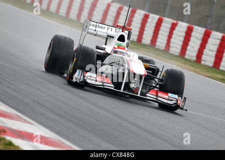 Sergio Perez Sauber pour conduite en 2011à Montmelo racing track à Barcelone, Espagne Banque D'Images