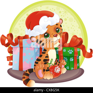 Tiger cub-adorable avec cadeaux de Noël Banque D'Images