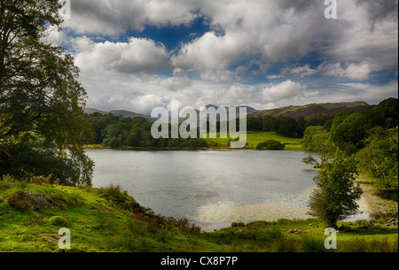 Soleil illuminant Langdale Pikes avec Loughrigg Tarn en premier plan Banque D'Images