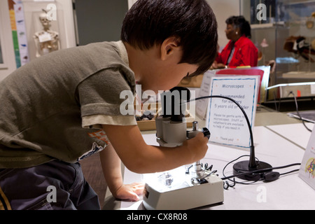 Petit enfant à la recherche dans l'oculaire d'un microscope Banque D'Images