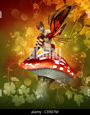 Une petite fée est assise sur un agaric fly Banque D'Images