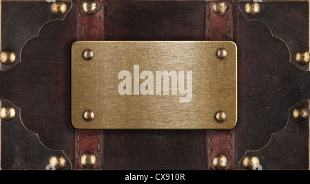 Plaque métallique en laiton sur le couvercle de coffre Banque D'Images