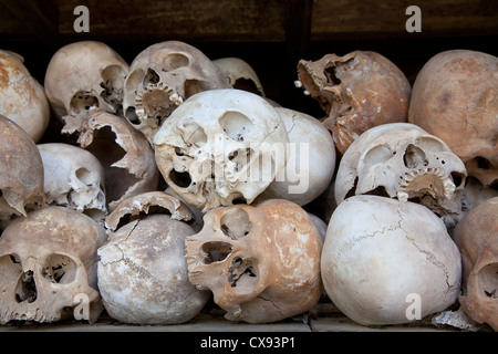 Les restes humains, shulls à Choeung Ek centre génocidaire, au sud de Phnom Penh, Cambodge. Banque D'Images