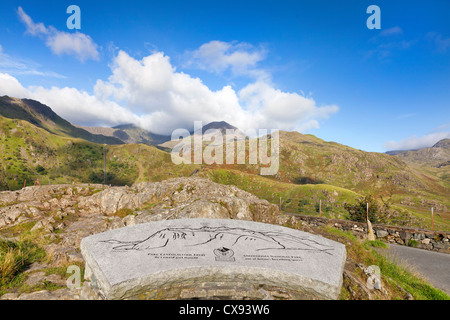 Avis de Snowdon et les sommets de l'A498 à l'ouest de l'établissement, descriptif plaque, le parc national de Snowdonia, Pays de Galles, Royaume-Uni Banque D'Images