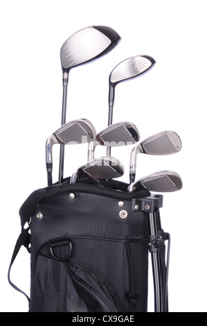 Ensemble de clubs de golf dans un sac noir sur un fond blanc. Banque D'Images