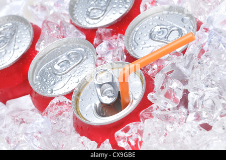 Close Up de canettes de soda dans la glace avec de la paille et de la condensation Banque D'Images