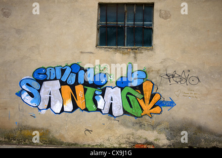 Camino de Santiago façon graffiti marqueur sur un immeuble en Espagne. Banque D'Images