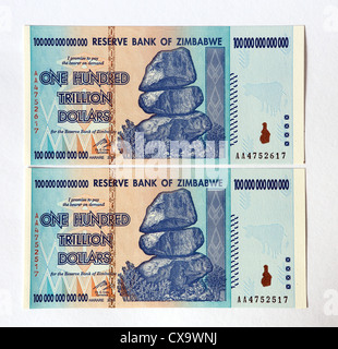 Banque de réserve du Zimbabwe Cent mille milliards de dollars billet de banque. Banque D'Images