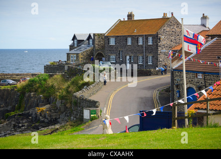 Des propriétés de Craster port avec le village vert et la vie de la RNLI Station de bateau au premier plan. Banque D'Images