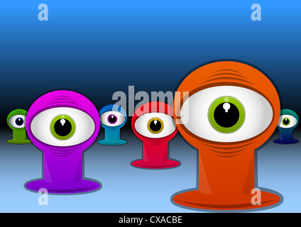 Borgne, colorés, créatures Rouge Bleu Vert Violet monstres, gros yeux exotiques, vector illustration Banque D'Images