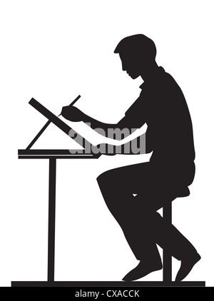 Artiste, vue latérale, à l'aide d'un crayon et planche à dessin, assis à une table, vector illustration Banque D'Images