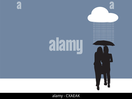 Couple un parapluie, sous la pluie, vector illustration Banque D'Images