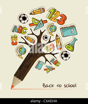 En forme d'arbre crayon fait avec school icons set illustration. Couches d'illustration vectorielle pour une manipulation facile et coloris. Banque D'Images