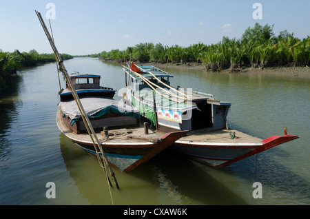 Bateaux dans une voie navigable avec arbres de mangrove, Delta de l'Irrawaddy, le Myanmar (Birmanie), l'Asie Banque D'Images