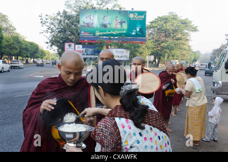 Collecte de l'aumône des moines dans les rues de Yangon, Myanmar (Birmanie), l'Asie Banque D'Images