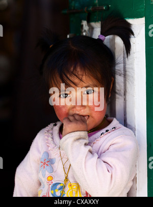 Peu Nepali Girl standing in a doorway, Langtang, Népal Banque D'Images