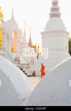 Le moine bouddhiste marcher autour de Wat Suan Dok temple à Chiang Mai, Thaïlande, Asie du Sud-Est, Asie Banque D'Images