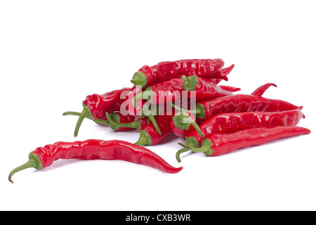 Red Hot Chili Peppers (lat. Capsicum annuum), sur un fond blanc Banque D'Images