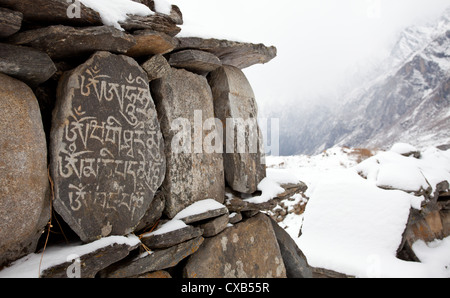 Vieille pierres mani inscrit avec un mantra bouddhiste et couverte de neige, Langtang, Népal Banque D'Images