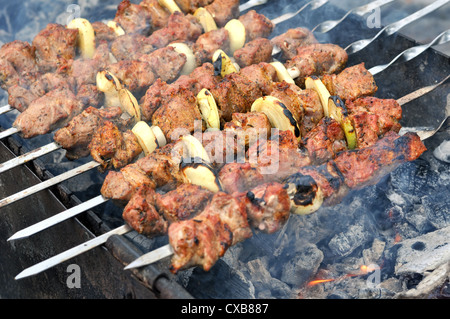 Kebab frais se prépare sur le feu en plein air Banque D'Images