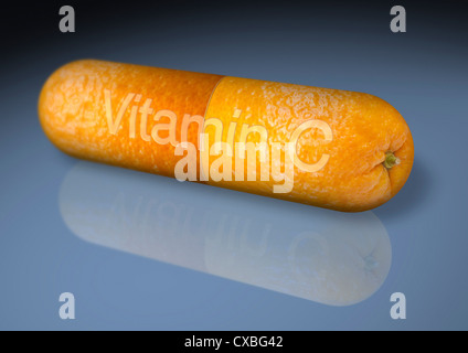 Image concept de vitamine C. Rendu tridimensionnel d'une capsule / comprimé texturé en peau d'orange. Banque D'Images