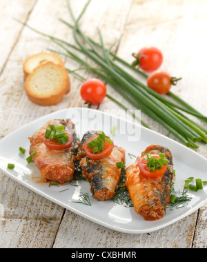 Sardines à la sauce tomate sur un plat blanc Banque D'Images