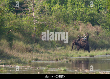 Les touristes sur un éléphant safari, parc national de Bardia, Népal Banque D'Images