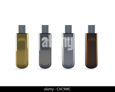 3d rang de lecteurs flash USB en métal 3d render isolated on white Banque D'Images