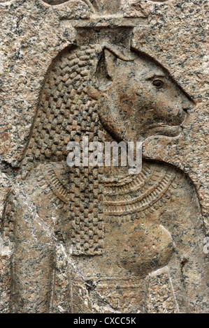 Relief représentant la déesse Mehit lion. Le Granit. Du Temple de Onuris-Shu à Sebennytos. Banque D'Images