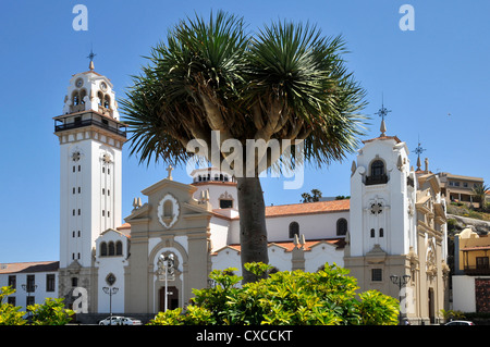 Célèbre basilique de Candelaria avec un arbre dragon symbolique (Dracaena draco), de la partie orientale de Tenerife, dans les îles Canaries Banque D'Images