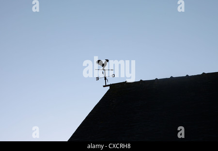 C'est une photo d'une girouette attachée à un toit. Elle indique le nord, sud, est et ouest. C'est lumière arrière girouette Banque D'Images