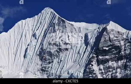 Montagne enneigée couverte de neige et de glace le long de la vallée du Langtang, au Népal Banque D'Images