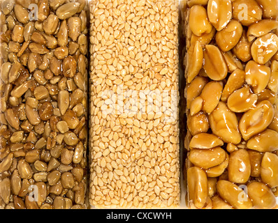 - Kozinaki fragile de graine de sésame, graines de tournesol rôties confit, d'arachides et au caramel dans le sucre à glacer Banque D'Images