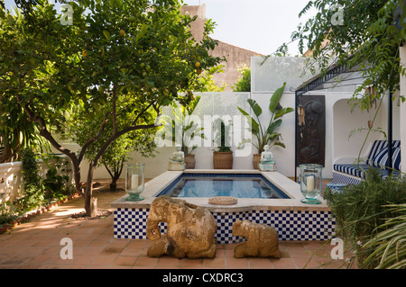 Piscine avec coin salon à l'ombre d'arbres fruitiers Banque D'Images