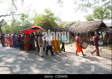Village des batteurs mariée sous auvent rouge à sa cérémonie de mariage dans une procession avec la famille et les villageois, Orissa rural Banque D'Images