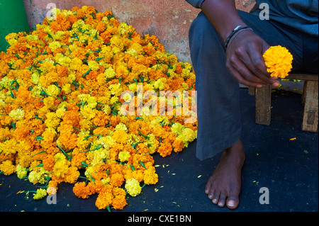 Tagètes, marché aux fleurs, Madurai, Tamil Nadu, Inde, Asie Banque D'Images