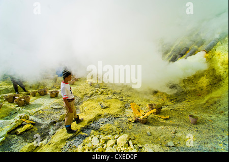 Travail de mineur de soufre Soufre Kawah Ijen à mine, Java, Indonésie, Asie du Sud, Asie Banque D'Images