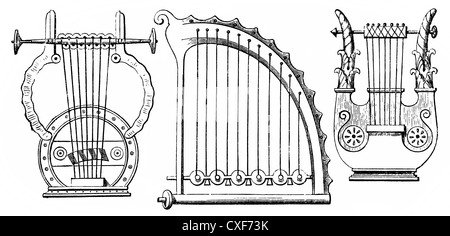 Instruments à cordes ou cordophones grecque de l'antiquité, une grande lyre et trigonon Banque D'Images