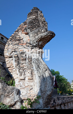 Naga (serpent à multiples facettes) statue (détail), Wat Chedi Luang, Chiang Mai, Thaïlande Banque D'Images