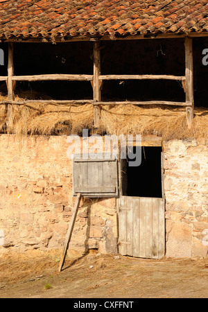 Une grange en pierre avec un toit en tuiles, grenier à foin, et une porte de l'écurie. Libardon Colunga, Espagne. Banque D'Images