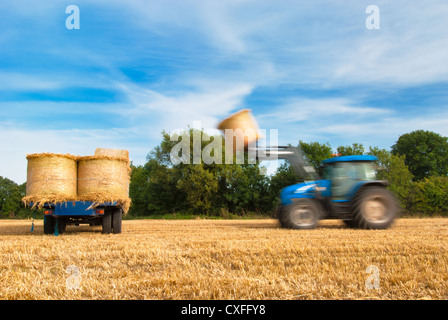 Faire les foins pendant que le soleil brille. Un tracteur fonctionne rapidement pour collecter les balles de foin. Banque D'Images