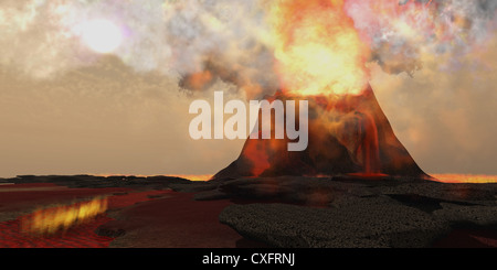 Red Hot Lava sort de la bouche d'un volcan en pleine de feu et de soufre. Banque D'Images