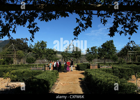 Les visiteurs dans le célèbre jardin à Babylonstoren wine farm, Franschhoek, Afrique du Sud Banque D'Images