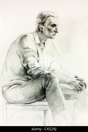 Pastel original ou un dessin du charbon de bois et peinture à la main de travail ou croquis d'un homme assis sur une chaise.composition libre Banque D'Images