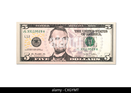 Dollar bill, Five-Dollar-facture, avant, US-Dollar, isolé sur blanc 100 % Banque D'Images