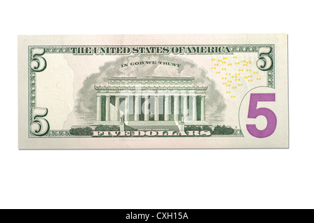Dollar bill, Five-Dollar-facture, dos, US-Dollar, isolé sur blanc 100 % Banque D'Images